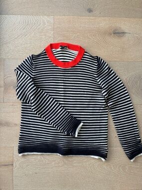 Striped Navy and Ivory Sweater with Orange Crewneck